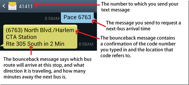 This is an image of what your phone screen will look like if you sign up for Pace's bus tracker text messaging service.
