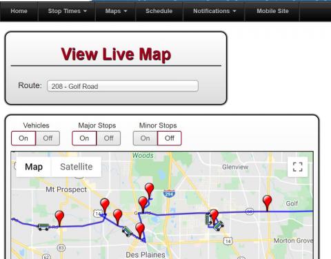 This is an image of what your screen would look like when using Pace's online bus tracker "live map" feature.