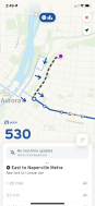 Transit app screenshot showing a map of Route 530