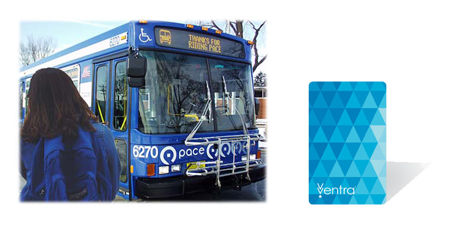 Image of student and Pace bus and Ventra card