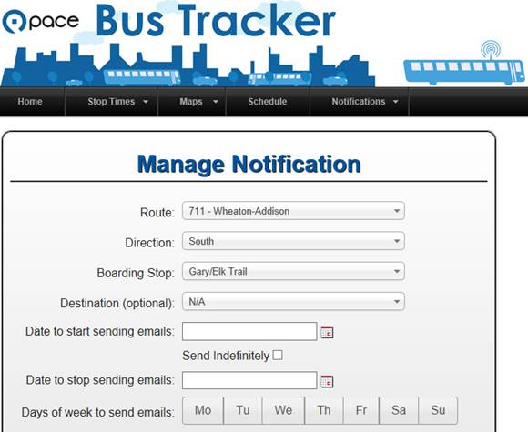 This is an example of what your computer or device screen would look like if you signed up for bus tracker email alerts.