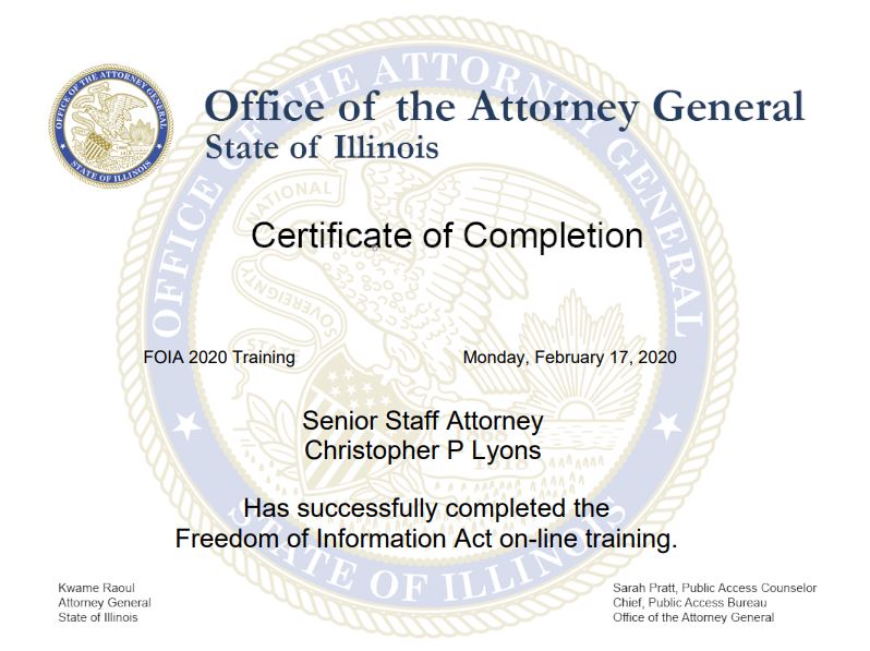 FOI training certificate for Christopher Lyons