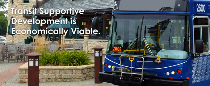 This is an image of a Pace bus with the caption "Transit Supportive Guidelines is Economically Viable"