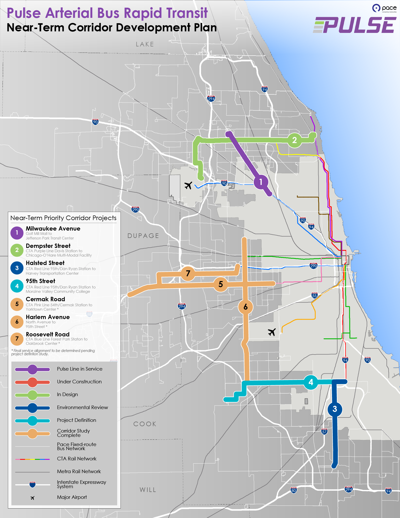 This is an image of Pulse routes proposed by Pace's Development Plan, which will be completed near term