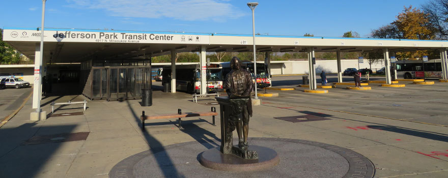 This is an image of the Thomas Jefferson statue at the Jefferson Park Transit Center