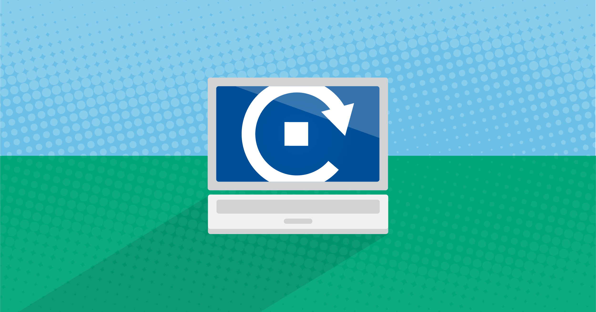 Illustration of computer with a refresh symbol on it stylized to look like the Pace logo.