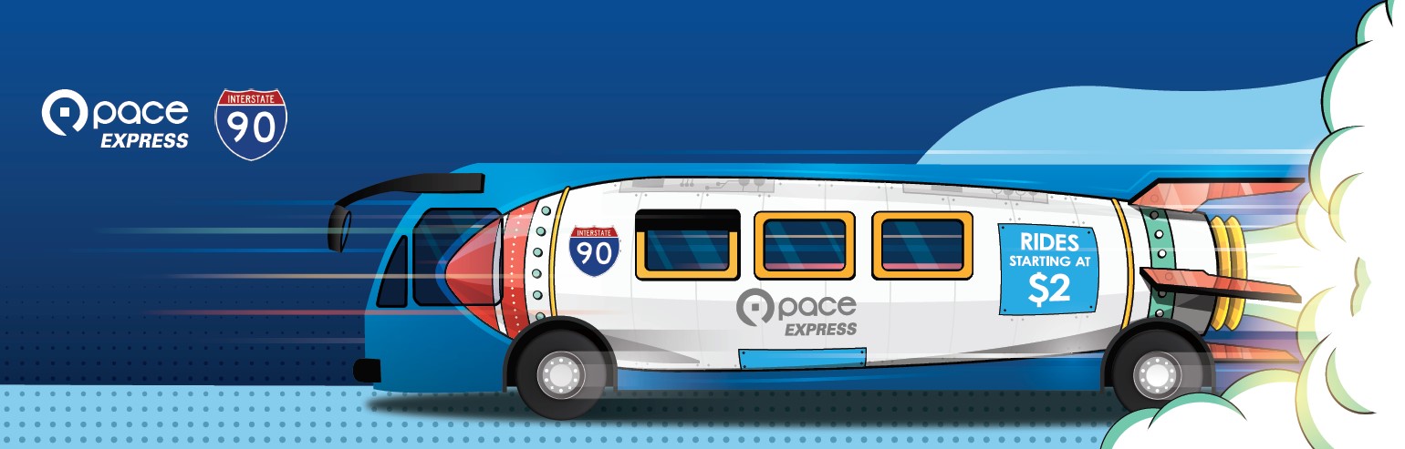 Illustrated image of Pace Bus with a Rocketship Wrap