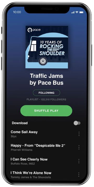 a smartphone with Pace's traffic jams playlist on the screen