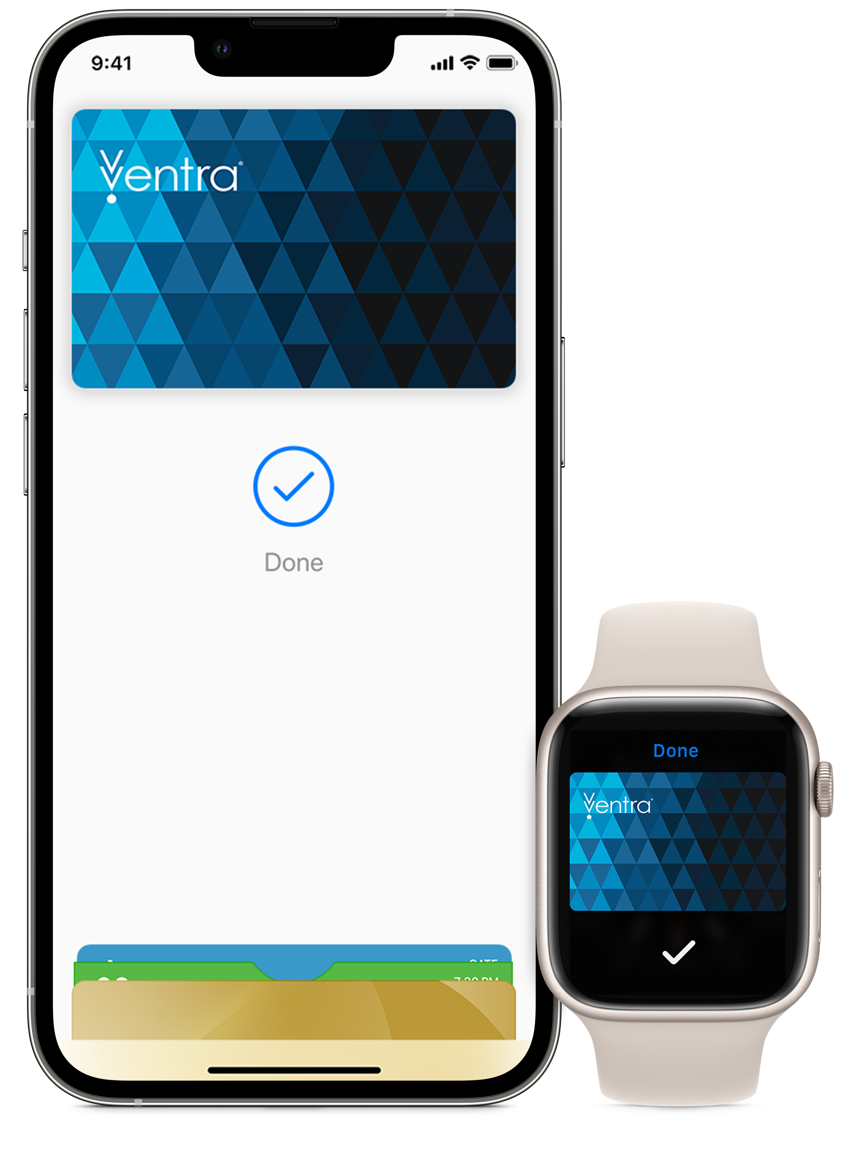 iPhone and Apple Watch displaying Ventra logos