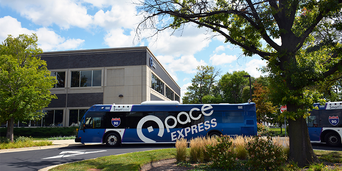 Image of a Pace Express bus staging at Headquarters