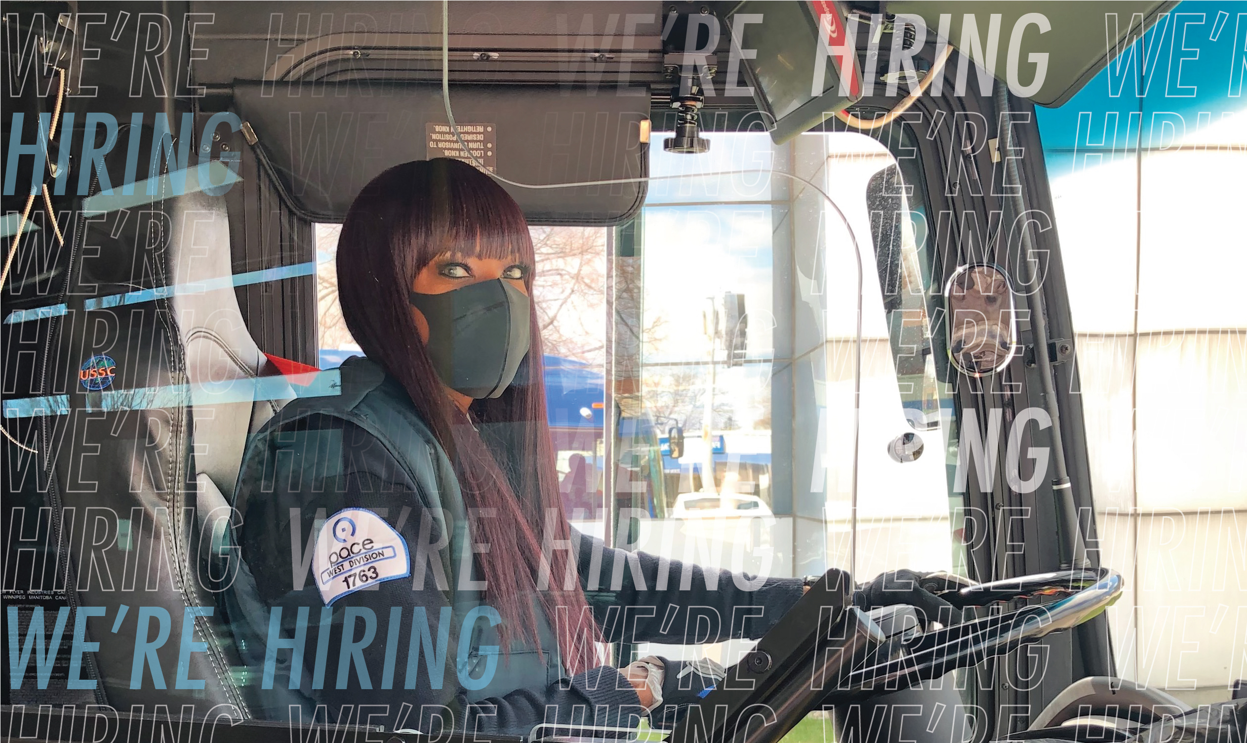 Image showing a Pace Bus Operator with mask behind shield with words WE''RE HIRING over it