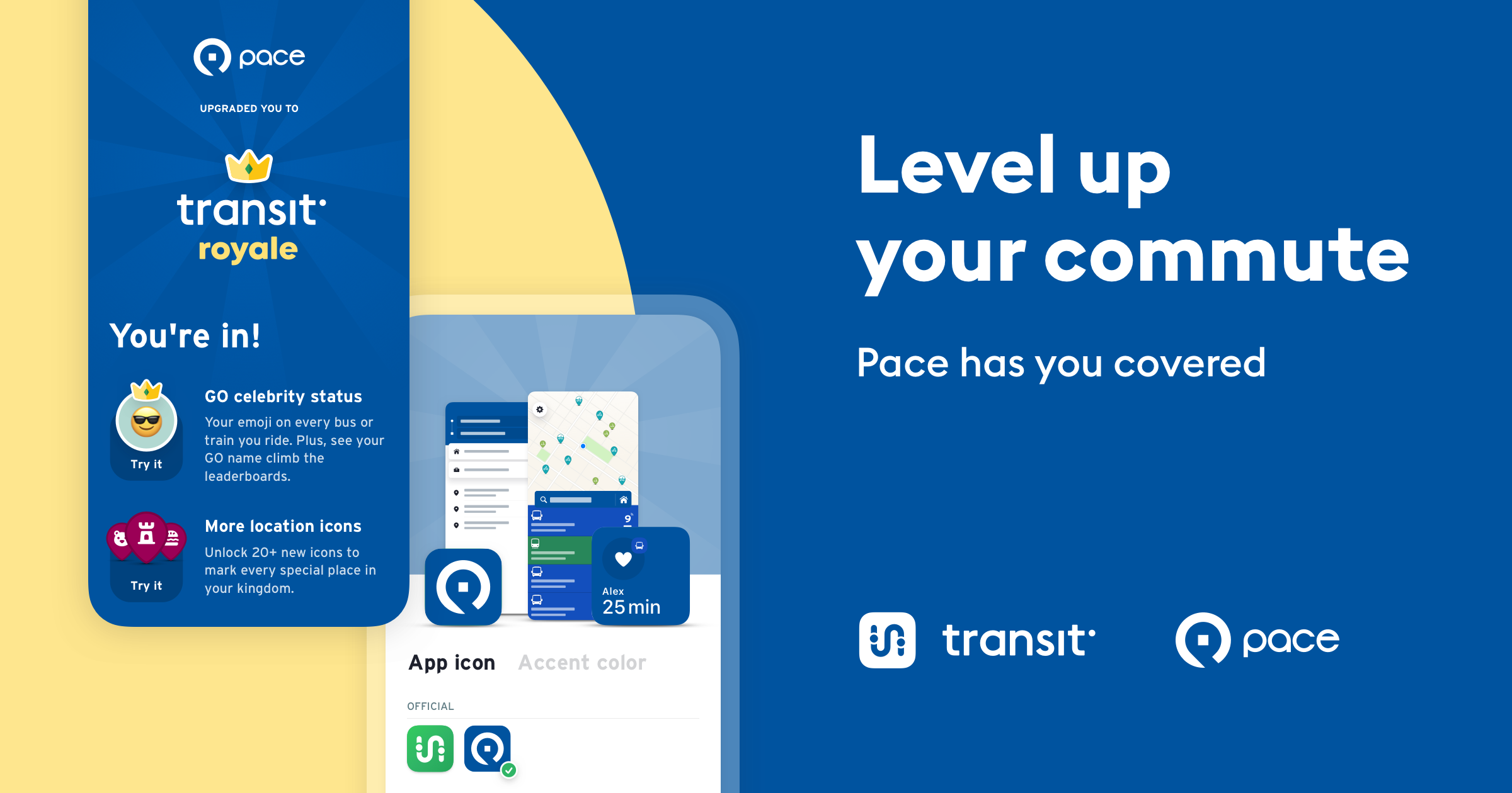 Transit app smartphone imagery with a "Level up your commute" headline