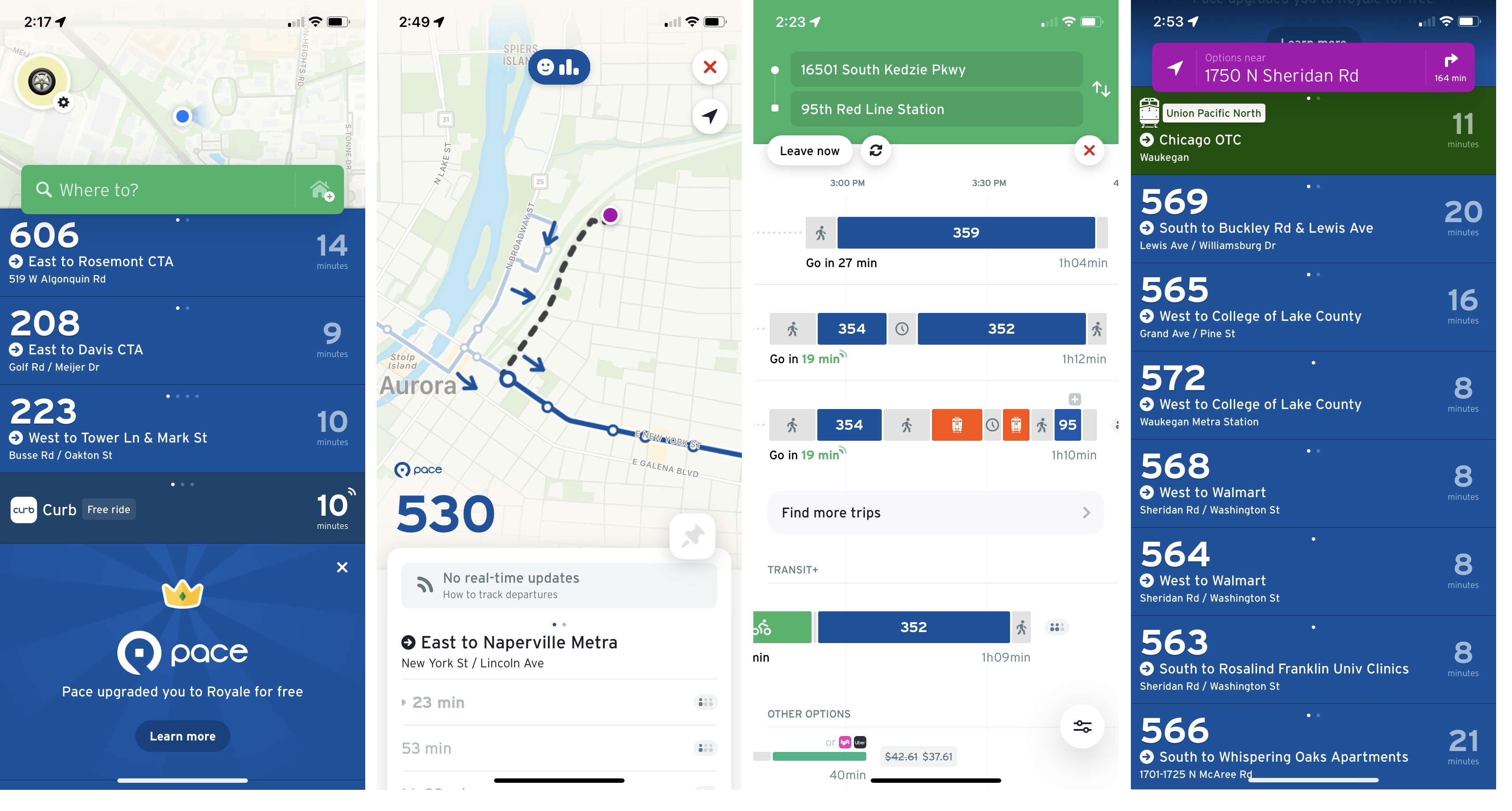 Transit app screenshots showing maps, trip plans and arrival times
