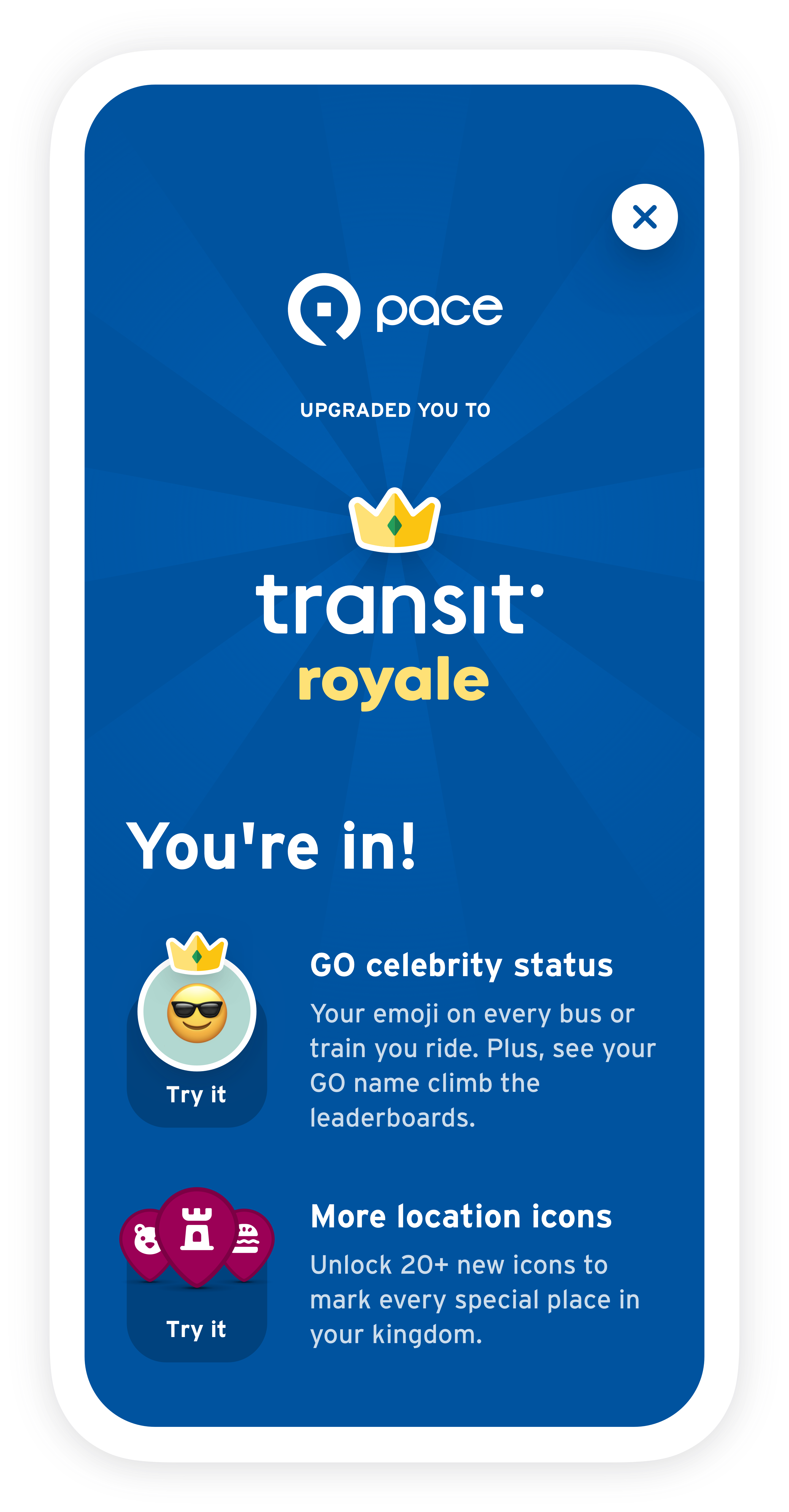 smartphone image of the Transit app's Royale upgrade screen with Pace logo