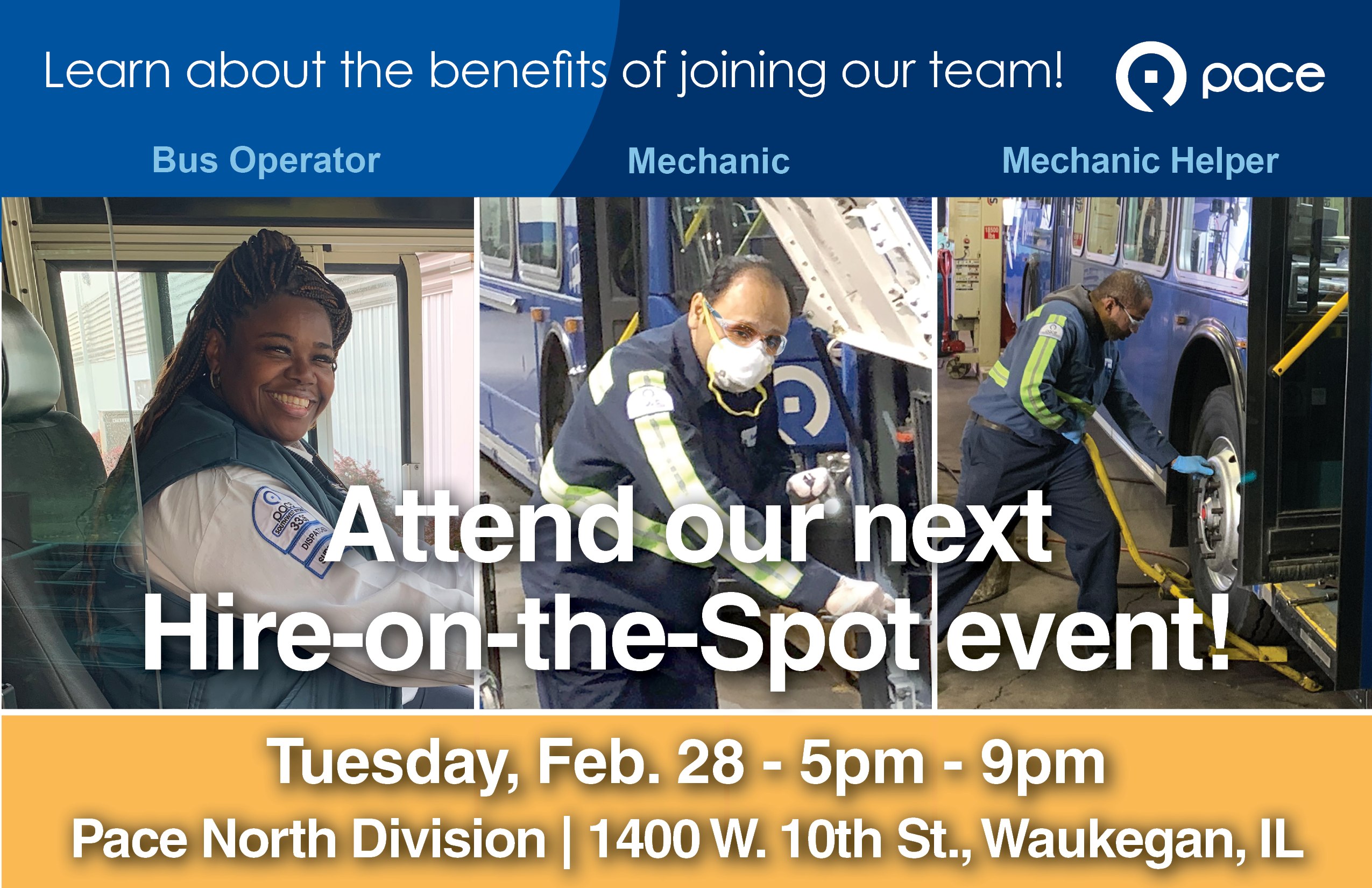 Flyer for Pace Bus Hiring Event at Pace's North Division on February 28, 2023. 