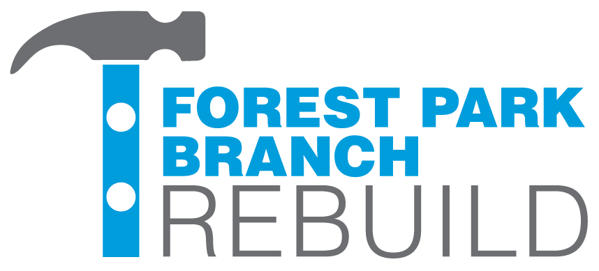 hammer icon with the words "Forest Park Branch Rebuild"