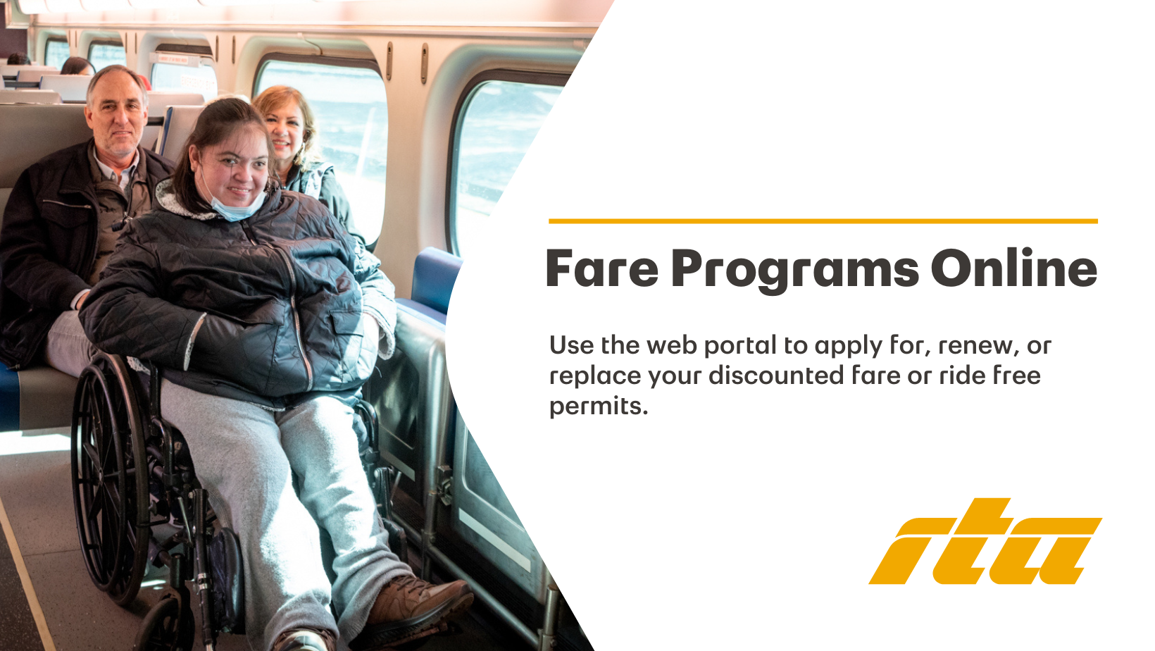 Image of woman in wheelchair on Metra train promoting RTA fares program online portal