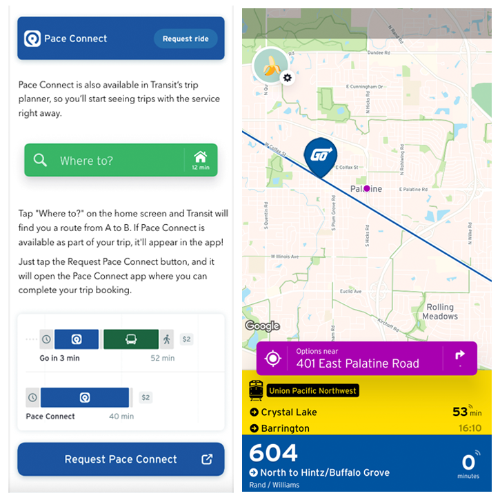 Images of Pace Connect and VanGo screens of the Transit app