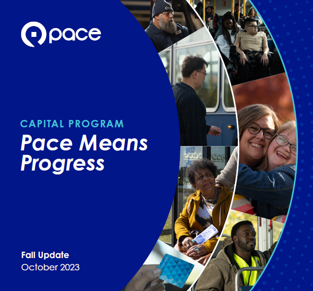 Cover image of Pace's capital program booklet showing images of riders & employees at different locations and types of vehicles