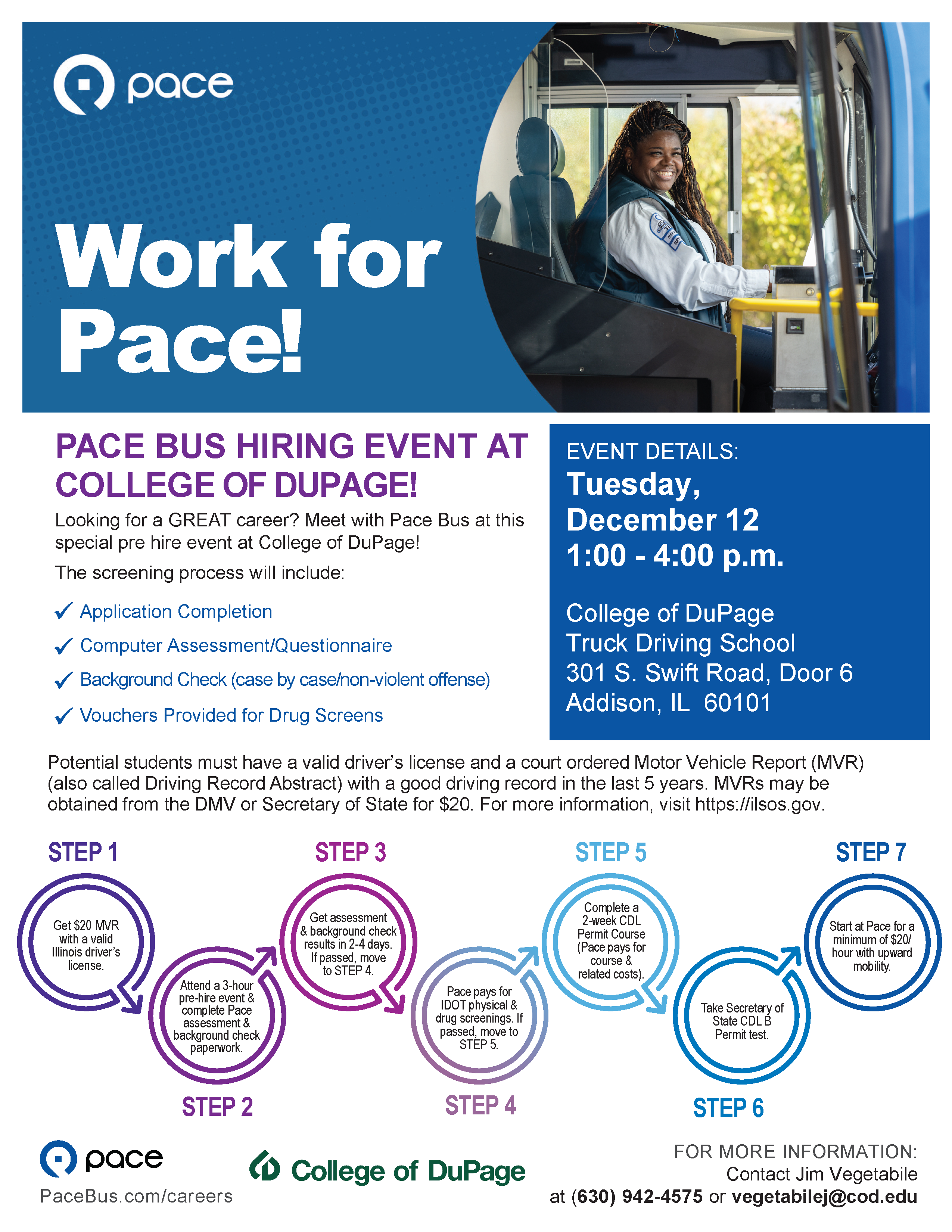 Flyer for Pace + College of DuPage operator hiring event on December 12, 2023