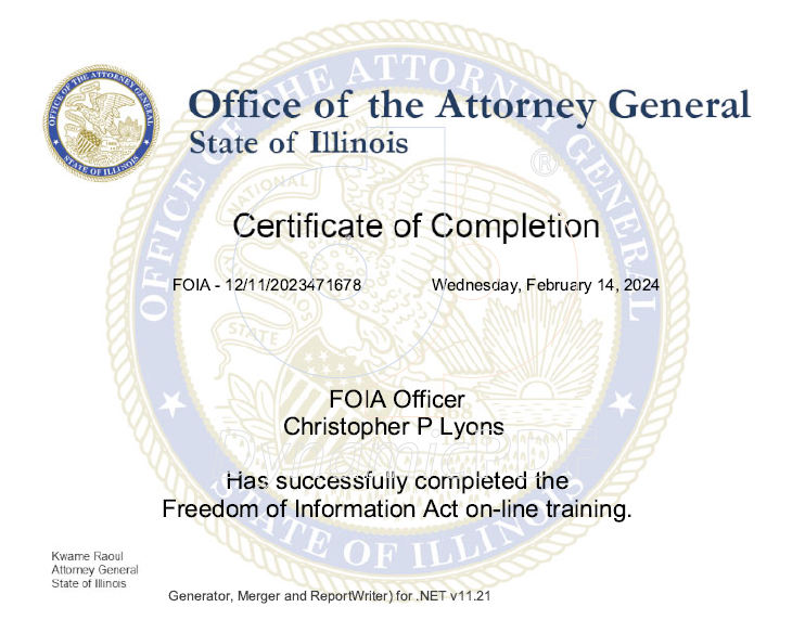 Image of FOIA training certificate for Christopher Lyons