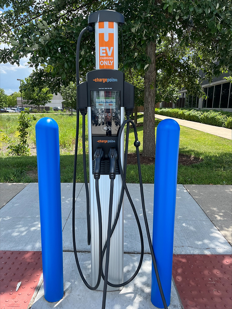 Image of an electric vehicle charging station at Pace HQ