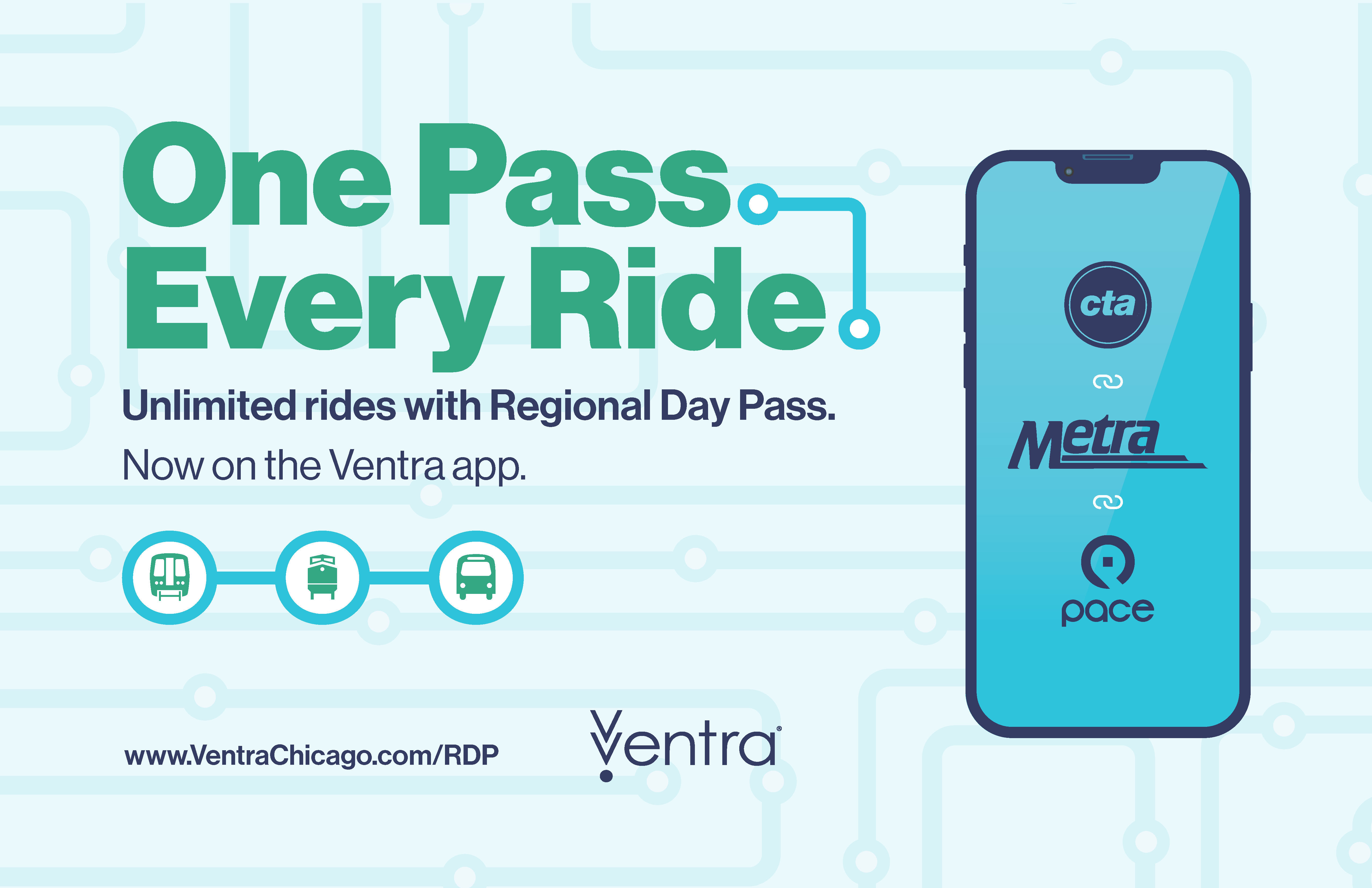 Graphic with the words "One Pass, Every Ride" in large green text on the first line, "Unlimited rides with the Regional Day Pass" in black underneath. 