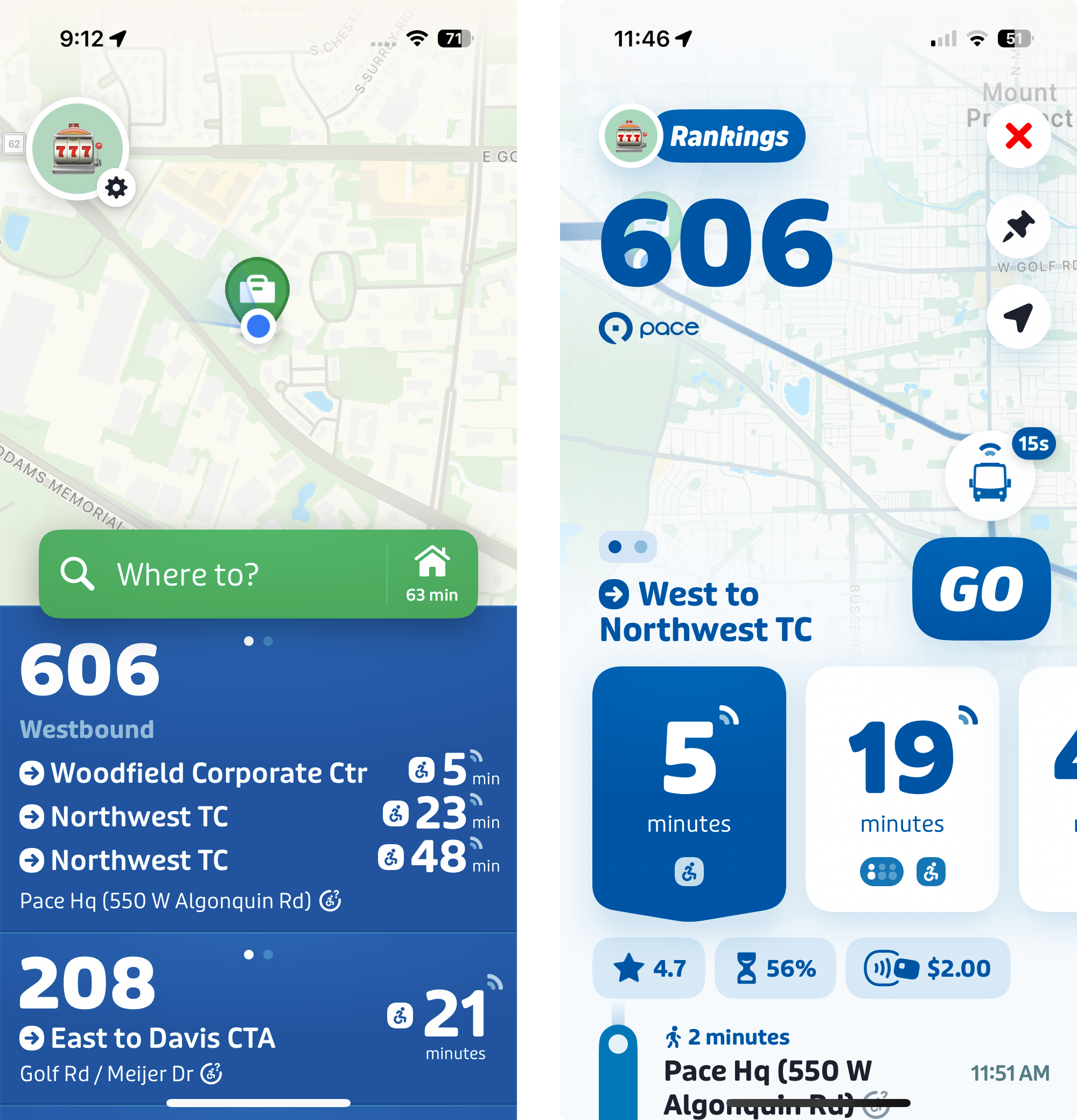 Images of cell phone screens displaying Pace services in the Transit app