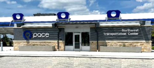 the indoor waiting area at Northwest TC with name on building