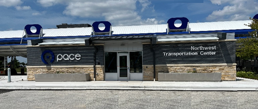 the indoor waiting area at Northwest TC with name on building