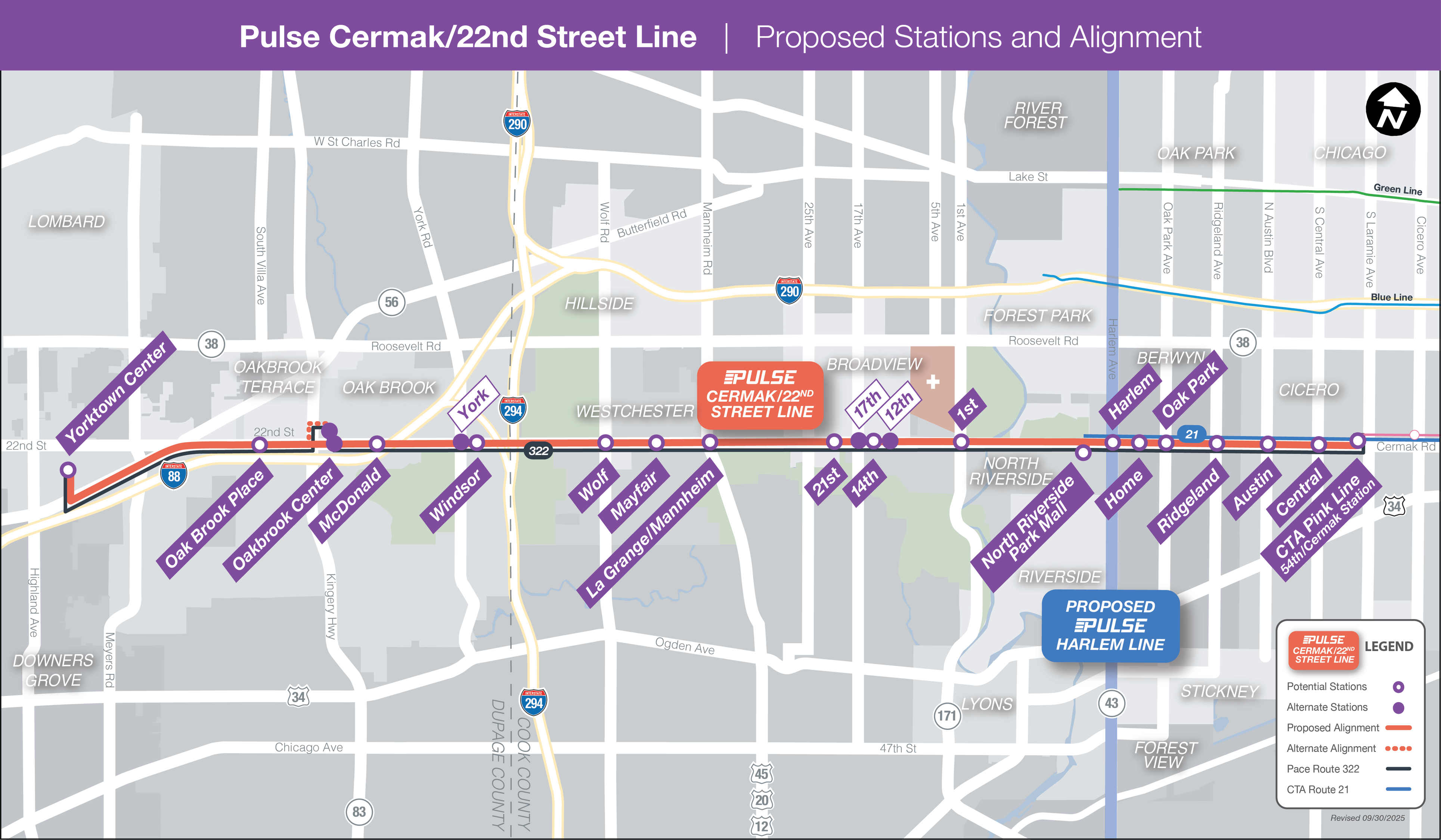 map the Pulse Cermak-22nd Line with proposed station locations