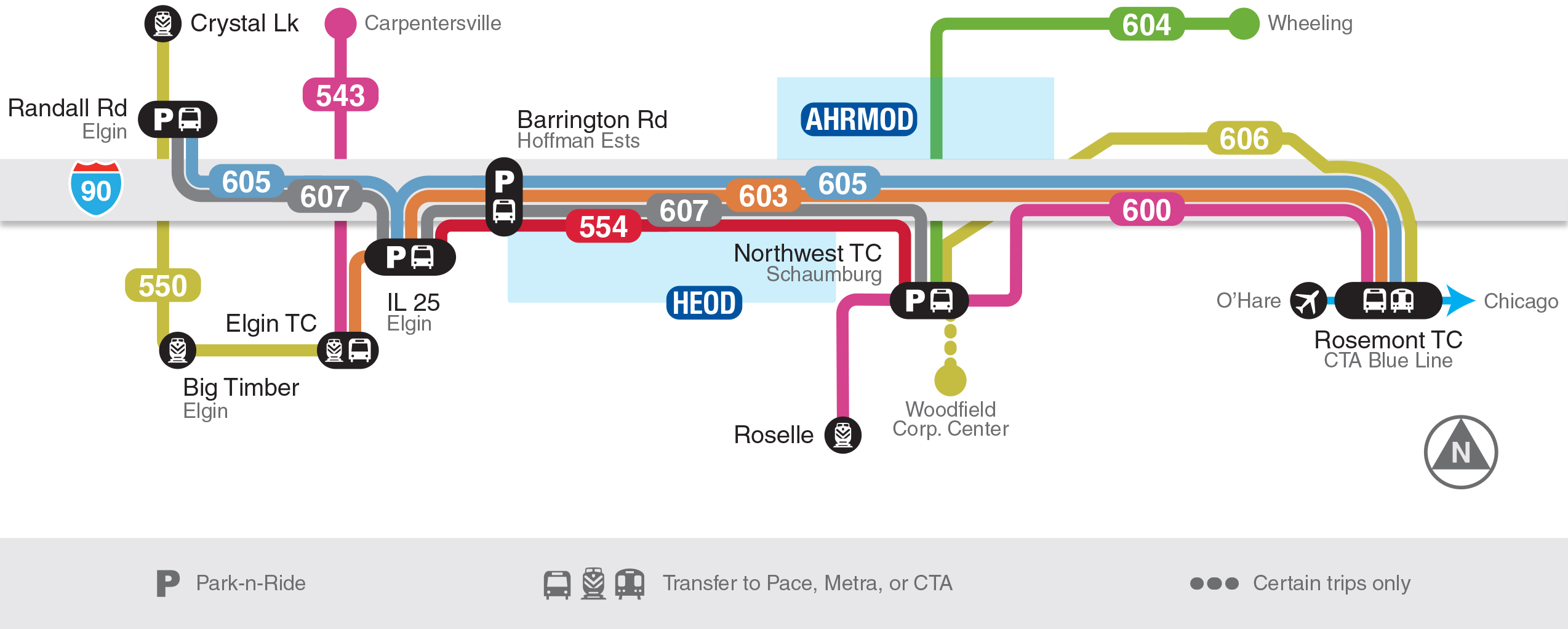 Image of the I-90 Pace Express Route corridor map