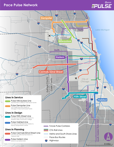Image of Pace's Pulse service priority corridors map
