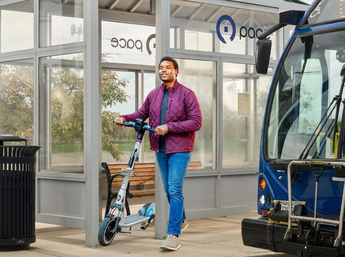 Pace passenger at transit center with a scooter. 