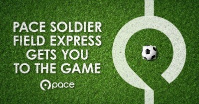 Graphic of soccer field grass and Pace logo promoting express bus service for Chicago Fire home games at Soldier Field