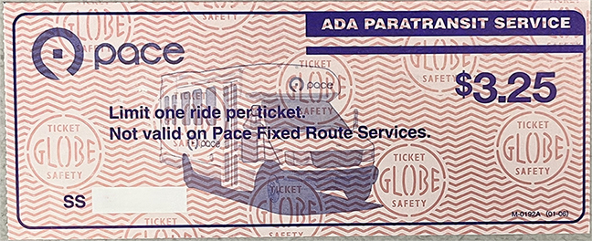 ADA Paratransit ticket with pace logo and $3.25 price