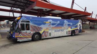 Image of Express Bus with Soldier Field bus wrap
