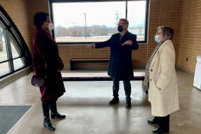 Image of Congresswoman Underwood, Chairman Rick Kwasneski, and Executive Director Melinda Metzger at the Plainfield Park-n-Ride passenger waiting facility. 