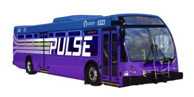 Image of a Pulse bus, a purple bus with the word PULSE along the side. 